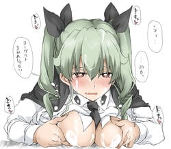 anchovy black_neckwear black_ribbon blush breasts commentary_request cum cum_on_body cum_on_breasts cum_on_hair cum_on_upper_body drill_hair elf_(stroll_in_the_woods) facial female girls_und_panzer green_hair hair_between_eyes hair_ribbon implied_paizuri large_breasts long_hair long_sleeves necktie open_mouth red_eyes ribbon shirt simple_background solo speech_bubble translation_request twin_drills twintails white_background white_shirt