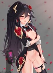 absurdres ahe_gao bangs belly black_dress black_hair breasts clothing dress embarrassed eyebrows_visible_through_hair female flat_chest flower fu_hua garter_straps hair_between_eyes hair_flower hair_ornament highres honkai_(series) long_hair long_sleeves looking_at_viewer navel ponytail pussy_juice red_eyes red_flower rose small_breasts stockings thighhighs torofu vibrator vibrator_cord