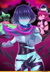 ahoge anthro armor battle blep blue_hair blue_skin blush cutting_clothes deltarune embarrassed kris_(deltarune) lancer_(deltarune) looking_at_viewer pink_skin ralsei scarf shocked short_hair susie_(deltarune)