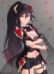 absurdres angry bangs belly black_dress black_hair breasts clenched_hands dress eyebrows_visible_through_hair female flower fu_hua garter_straps hair_between_eyes hair_flower hair_ornament highres honkai_impact long_hair long_sleeves looking_at_viewer navel nipples open_mouth ponytail red_eyes red_flower rose small_breasts solo thighhighs thighs torofu