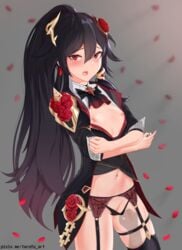 absurdres bangs belly black_dress black_hair blush breasts clenched_hands dress embarrassed eyebrows_visible_through_hair female flower fu_hua garter_belt garter_straps hair_between_eyes hair_flower hair_ornament highres honkai_(series) honkai_impact honkai_impact_3rd long_hair long_sleeves looking_at_viewer navel nipples open_mouth panties ponytail red_eyes red_flower rose small_breasts thighhighs thighs torofu underwear