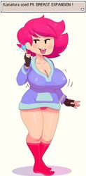 big_ass big_breasts breast_expansion cleavage dress earthbound fingerless_gloves hi_res kumatora mob_face mother_(series) mother_3 nintendo nipple_bulge panties pink_hair simple_background solo somescrub text thick_thighs tongue_out visible_underwear