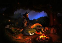 2018 anthro anthro_on_anthro argonian arthropod avaetre avaetre_(abyssaldemon) beetle belly_scales bethesda_softworks black_body black_scales campfire cowgirl_position detailed_background dragon duo elateroid entwined_tails eye_contact female female_penetrated fire firefly green_body green_scales hand_on_torso horn insects looking_at_another male male_penetrating male_penetrating_female markings membrane_(anatomy) membranous_wings night on_top outside penetration scales scalie sex skal-tel straight striped_body stripes tail_coil the_elder_scrolls tinycactus video_games wings