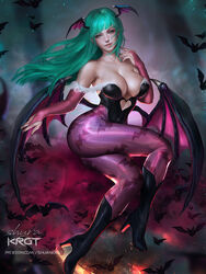 1girls areolae big_breasts capcom cleavage clothing darkstalkers demon_girl female female_only green_eyes green_hair head_wings large_breasts leotard long_hair looking_at_viewer morrigan_aensland pantyhose shurakrgt solo succubus thick_thighs tights