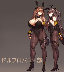 2girls alternate_breast_size big_breasts brown_eyes brown_hair bunny_ears bunny_girl bunnysuit face_markings flat_chest girls'_frontline hair_ornament high_heels huge_breasts looking_at_viewer massive_breasts melon22 multiple_girls muscular_female muscular_thighs sisters small_breasts thigh_strap twintails ump45_(girls'_frontline) ump9_(girls'_frontline)