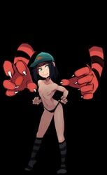 aged_up blue_hair cyan_eyes flat_chest green_hat incineroar kasia_mikolajczyk panties picnicker_(pokemon) pokemon polyle topless