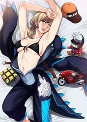 1girls arms_up bed black_bra blonde_hair boobs free_fire garena looking_at_viewer misha_(free_fire) partially_clothed smiling smiling_at_viewer tagme tongue_out winking_at_viewer xtermination