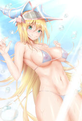 1girls absurdres bikini blonde_hair blue_bikini breasts calcio covered_erect_nipples cowboy_shot dark_magician_girl duel_monster female female_only green_eyes hat highres large_breasts long_hair navel pointless_censoring shiny shiny_skin sky smile solo swimsuit water wet wizard_hat yu-gi-oh!