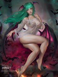 1girls areolae big_breasts bra capcom cleavage clothing darkstalkers demon_girl female female_only head_wings large_breasts looking_at_viewer morrigan_aensland panties see-through see-through_clothing shurakrgt solo succubus thick_thighs