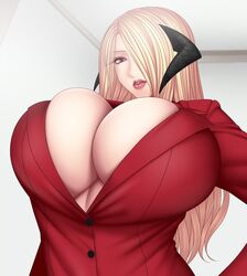 1girls baru_(val-val) big_breasts blonde_hair breast_squeeze breast_suppress breasts cleavage clothed_female clothing female female_only horns huge_breasts large_breasts long_hair looking_at_viewer mature mature_female milf original original_character pixiv_succubus red_eyes solo solo_female solo_focus succubus tight_clothing