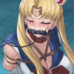 absurdres angry arm_behind_back bad_id bishoujo_senshi_sailor_moon bit_gag blonde_hair blue_sailor_collar bondage bound breasts bukkake cleavage closed_eyes clothing collar crescent crescent_earrings cum cum_on_face derivative_work diadem drooling earrings facial female forced gag hair_bun highres humiliation jewelry large_breasts leash lim_(ueyy4758) long_hair meme red_collar rope sailor_collar sailor_moon sailor_moon_redraw_challenge sailor_senshi sailor_senshi_uniform saliva screencap_redraw solo twintails unwanted_cumshot unwilling upper_body usagi_tsukino