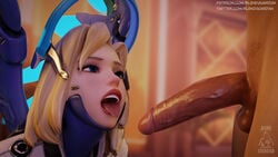 1boy 1girls 3d blendguardian blizzard_entertainment blonde_hair blue_eyes clothed_female_nude_male cobalt_mercy eye_contact imminent_oral mercy open_mouth overwatch tears throat tongue tongue_out