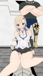 1girls 2boys b-cube b_cube blonde_hair blue_eyes clothed cum edens_zero embarrassed female looking_at_viewer penis pov rebecca_bluegarden skirt thigh_sex thighs yorhaeater