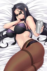 bare_shoulders bed_sheet beer_can black_bra black_hair black_panties bra breasts can eyebrows female hand_on_own_face kuroko_smith large_breasts lindaroze lingerie long_hair looking_at_viewer looking_over_eyewear looking_over_glasses looking_over_sunglasses lying monster_musume_no_iru_nichijou ms._smith on_bed panties panties_under_pantyhose pantyhose sidelocks smile sunglasses tinted_eyewear underwear