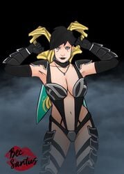 1girls becsantus big_breasts bikini_armor black_hair breasts bust busty cleavage cleavage_cutout female huge_breasts looking_at_viewer prince_of_persia prince_of_persia_warrior_within shahdee short_hair solo sword thick_thighs thong voluptuous watermark weapon woman