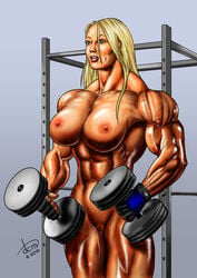 big_breasts blonde_hair dcmatthews dumbbell extreme_muscles female_only gym muscular_female nude nude_female pussy satin_steele solo_female sweat tanned_skin vagina veins