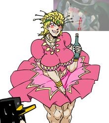 2019 2boys abs alcohol bare_arms battle_tendency black_clothing black_hair blonde_hair blood blush bottle bracelet breasts cap clothed clothing collar crossdressing dio_brando embarrassed facial_mark fake_breasts hair_ornament hand_between_legs hat headband highres holding_bottle huge_breasts humor jojo's_bizarre_adventure joseph_joestar_(cosplay) jotaro_kujo lipstick looking_at_another makeup male male_only mannungei meme midriff muscles muscular muscular_male nosebleed pink_clothing red_eyes red_lipstick simple_background skirt skirt_up standing stardust_crusaders sweat sweating teeth tequila tequila_joseph_(cosplay) thick_thighs thighs vampire vein white_background