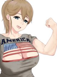 1girls 2018 absurd_res american_flag american_flag_shirt bare_arms blue_eyes breasts brown_hair cleavage cleavage_cutout clothes_writing erect_nipples female female_only flexing hair_between_eyes highres intrepid_(kantai_collection) kantai_collection kilroylw large_breasts licking_lips looking_at_viewer nipple_bulge open_mouth ponytail shirt short_hair simple_background solo text tied_hair tongue tongue_out upper_body white_background