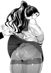 1girls angry ass assisted_exposure big_ass black_legwear blush bottom_heavy bottomwear bubble_butt bursting_butt disembodied_hand earrings executive_mishiro female female_focus hair_slicked_back highres huge_ass idolmaster idolmaster_cinderella_girls jewelry long_hair looking_back mature mature_female monochrome panties panties_under_pantyhose pantyhose ponytail school_uniform simple_background skirt skirt_lift solo synecdoche thick_thighs thighs underwear upskirt white_background wide_hips