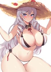 1girls algerie_(azur_lane) algerie_(white_sand_paradise)_(azur_lane) azur_lane belly_button big_breasts blush breasts cleavage female female_only huge_breasts kuavera large_breasts light-skinned_female light_skin looking_at_viewer solo thick_thighs vichya_dominion_(azur_lane) white_background wide_hips