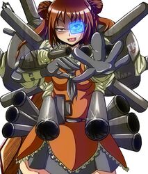 bangs blue-tinted_eyewear brown_hair evil_grin evil_smile guns long_hair looking_at_viewer open_mouth scouter solo tagme tinted_eyewear twintails weapon weapons