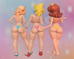 3d 3d_(artwork) 3girls ass back_view bikini blonde_female breasts hand_on_ass human legs mario_(series) nintendo princess_daisy princess_peach princess_rosalina temmay09 thick_ass thick_thighs