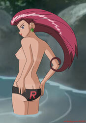 1girls accurate_art_style alternate_outfit areola ass black_panties blue_eyes breasts butt_crack clothes earrings eye_contact female human jessie_(pokemon) lipstick long_hair looking_at_viewer looking_back mostly_nude nintendo nipples nobodyman9000 panties pink_hair pokemon pokemon_rgby pose red_lipstick sideboob small_breasts smile solo source_request team_rocket text topless water watermark