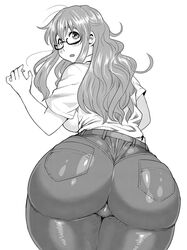 1girls ass ass_focus backboob belt bent_over big_ass big_breasts black-framed_eyewear blush breasts cowboy_shot curvy denim embarrassed eyebrows female female_focus female_only from_behind gigantic_ass glasses greyscale highres hip_focus huge_ass impossible_clothes jeans large_breasts long_hair looking_at_viewer looking_back messy_hair monochrome narrow_waist open_mouth original pants plump simple_background skin_tight solo synecdoche text_focus thick_eyebrows thick_thighs thighs tight tight_jeans tight_pants translated twisted_neck white_background wide_hips