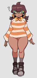 ? alternate_costume big_breasts bottomless brown_hair casual_exposure clitoris dark-skinned_female dark_skin earrings female female_focus female_only glasses human marina_(noill) noill original original_character pubic_hair pussy shirt shoes sneakers striped_shirt thick_thighs thighs wide_hips