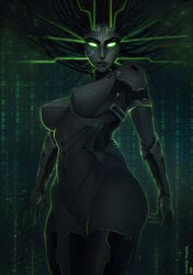 1girls athletic_female breasts casual erection female female_only front_view glowing green_eyes large_breasts looking_at_viewer machine nightmare_waifu no_pupils nyuunzi robot robot_girl shodan solo solo_female solo_focus system_shock textless_version thick_thighs wide_hips