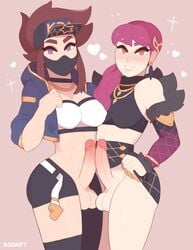 2futas akali artist_name asdaft balls balls_under_clothes belt blue_eyes blue_jacket bottomless_skirt breasts brown_hair cap choker cleavage clothes_writing clothing covered_mouth crop_top curvy dickgirl/dickgirl earrings erect_nipples erect_nipples_under_clothes erection evelynn exposed_penis eyebrows_visible_through_hair eyelashes face_mask frottage futa_on_futa futa_only futa_sans_pussy futanari hair_ornament hair_tie highres intersex intersex/intersex jacket jewelry k/da_akali k/da_evelynn k/da_series large_penis league_of_legends lifted_by_self lips looking_at_viewer mask masked medium_breasts nipple_bulge nipple_outline nipples no_underwear one_thighhigh open_clothes orange_eyes partially_clothed penis penis_out penis_under_clothes penis_under_skirt ponytail presenting presenting_penis purple_hair riot_games shiny_hair shiny_skin sidelocks simple_background single_thighhigh skirt skirt_lift smile smiling standing teeth testicles tied_hair video_game video_games white_belt white_top