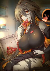 1girls 2020 artist_name bare_shoulders black_clothing black_dress black_hair black_hole black_hole_girl_(cigar_cat) black_sclera blush body_markings breasts chibi cigar_cat clothed clothing detached_sleeves dress eating eyebrows_visible_through_hair female food food_on_body food_on_breasts fridge grey_skin hair_between_eyes highres huge_breasts indoors long_hair m87_black_hole meme nail_polish nipples orange_hair orange_nails pizza pizza_box signature sitting sleeveless sleeveless_dress thick_thighs thigh_markings thighs two_tone_hair very_long_hair