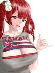 1girls 2020 absurd_res azur_lane bare_arms bare_shoulders breasts cleavage cleavage_cutout clothes_writing erect_nipples fangs female female_only flower hair_flower hawaiian_flag highres honolulu_(azur_lane) kilroylw large_breasts looking_at_viewer nipple_bulge open_mouth red_eyes red_hair simple_background solo tank_top teeth text tied_hair tongue twintails union_jack upper_body white_background