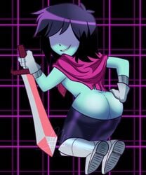 1boy ass backsack balls blue_skin cherrypix deltarune kris_(deltarune) lipbite looking_back male male_only presenting presenting_hindquarters small_penis smirk solo solo_male