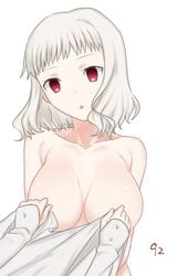 breasts covering covering_nipples fate/stay_night fate_(series) female female_only large_breasts leysritt no_bra pale-skinned_female pale_skin red_eyes short_hair topless voluptuous wavy_hair white_background white_hair