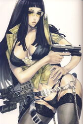 absurdres assault_rifle belt bikini black_hair breasts chains cleavage dragon_fly female gun hand_on_hip handgun highres hip_focus holster large_breasts lips long_hair m4_carbine maeshima_shigeki mole mole_under_mouth panties pistol rifle sara_(dragon_fly) semiautomatic solo sunglasses swimsuit thigh_holster thigh_strap thighhighs thong tinted_eyewear trigger_discipline underwear weapon yellow-tinted_eyewear