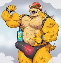 abs bowser bracelet bulge clothing flexing hair horn jewelry koopa looking_at_viewer male male_only mario_(series) muscular muscular_male navel nintendo nipples open_mouth pecs red_eyes red_hair reptile scalie shampoo_challenge sharp_teeth smile spiked_bracelet spikes sxfpantera teeth thong underwear video_games