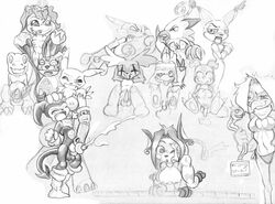 agumon biyomon black_and_white crossover digimon gabumon gatomon gazimon hawkmon impmon palmon pokemon pokemon_(species) raichu renamon veemon