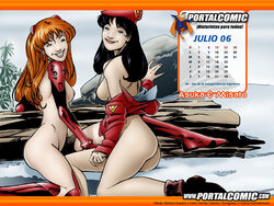 2girls asian ass asuka_langley_sohryu breasts calendar_(medium) female female_only hat human jacket large_breasts light-skinned_female light_skin long_hair mariano_navarro medium_breasts misato_katsuragi multiple_girls neon_genesis_evangelion orange_hair pilot_suit plugsuit purple_hair small_breasts tagme