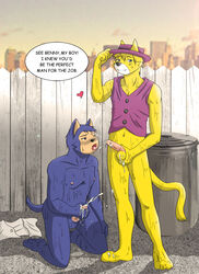 2boys after_fellatio after_orgasm anthro_on_anthro artist_request benny_the_ball blue_eyes blue_fur cum_dripping_down_chin cum_in_mouth cum_string cumshot cupping_balls erect_nipples erection feline feral_cat handjob hat holding_penis kneeling kneeling_oral_position large_dom_small_sub looking_at_viewer male_only mouth_open nude one_eye_closed orgasm_from_handjob orgasm_from_oral penis_size_difference size_difference standing sweat tongue_out top_cat top_cat_(series) vest yellow_fur