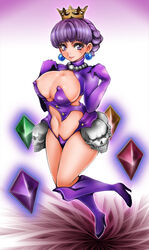 1041_(pixiv) 1041_(toshikazu) 1girls blush boots breasts cleavage crown curvy earrings female gradriel huge_breasts jewelry large_breasts princess_crown purple_eyes purple_hair short_hair skull skulls smile solo