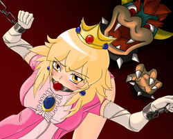 bent_over blush bondage bound bowser color cucked_by_enemy cuckold cuckold_rape dress female front_view gag gagged hero human imminent_rape interspecies koopa male mario_(series) nintendo nipple_bulge nipples pokies princess_peach rape saliva shackles straight_hair superheroine supervillain villain yacchi_n