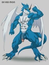 1boy abs armpits biceps big_penis bodybuilder digimon exveemon flaccid flexing full-length_portrait full_length huge_cock kfutaba male male_only muscles pecs penis portrait scalie serratus_anterior solo standing