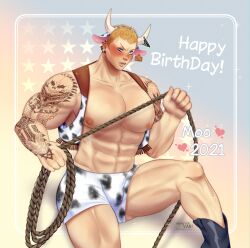 abs adam_dudley bara bare_chest big_pecs blonde_hair blush boots bulge clenched_teeth cow_boy cow_ears cow_horns cow_print cowboy ear_piercing ear_piercings ear_tag earrings embarrassed fake_animal_ears kengan_(series) kengan_ashura looking_at_viewer male male_only muscular muscular_male muscular_thighs pecs pierced_ears piercings pyo_val rope shaved_side sitting solo tattoo tattooed_arm tattoos thick_thighs very_short_hair vest