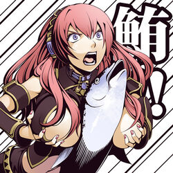 animal_between_breasts background_text between_breasts breast_lift breast_squeeze breasts constricted_pupils fish huge_breasts long_hair lowres megurine_luka nail_polish open_mouth parody penis pink_hair purple_eyes screaming shrunk_pupils solo text torigoe_takumi translated tuna vocaloid what