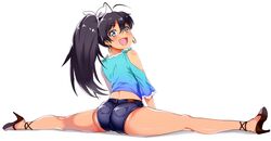 antenna_hair ass black_hair blue_eyes blush cute_fang denim denim_shorts earrings female ganaha_hibiki hair_ribbon high_heels idolmaster jewelry long_hair ponytail ribbon short_shorts shorts smile solo splits tied_hair yokkora