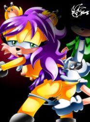 archie_comics ass breasts butt camera dark_background furry furry_only green_eyes half-closed_eyes mina_mongoose mongoose nancher nipples open_mouth purple_hair sega skirt sonic_(series) sonic_the_hedgehog_(series) tail teeth vagina yellow_fur