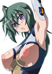 areola armpits blue_eyes blush bodysuit breasts green_hair kannagi_itsuki large_areolae large_breasts long_hair nipples open_mouth sora_wo_kakeru_shoujo sweat z-s-e