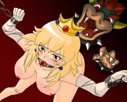 blush bondage bound bowser color cucked_by_enemy cuckold cuckold_rape female front_view gag gagged hero human imminent_rape interspecies koopa male mario_(series) nintendo nipples princess_peach rape saliva straight_hair superheroine supervillain villain yacchi_n