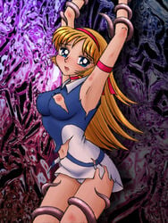 1girls arched_back armlet artist_request blonde_hair blue_eyes blush bound_arms bound_legs breasts cameltoe choker cutie_honey cutie_honey_flash defeated dress erect_nipples exposed_nipples female hairband headband heart honey_kisaragi human imminent_rape impossible_clothes large_breasts light-skinned_female light_skin long_hair nipple_bulge nipples pokies restrained solo tagme tentacle tentacle_pit tentacle_rape tentacles torn_clothes torn_clothing